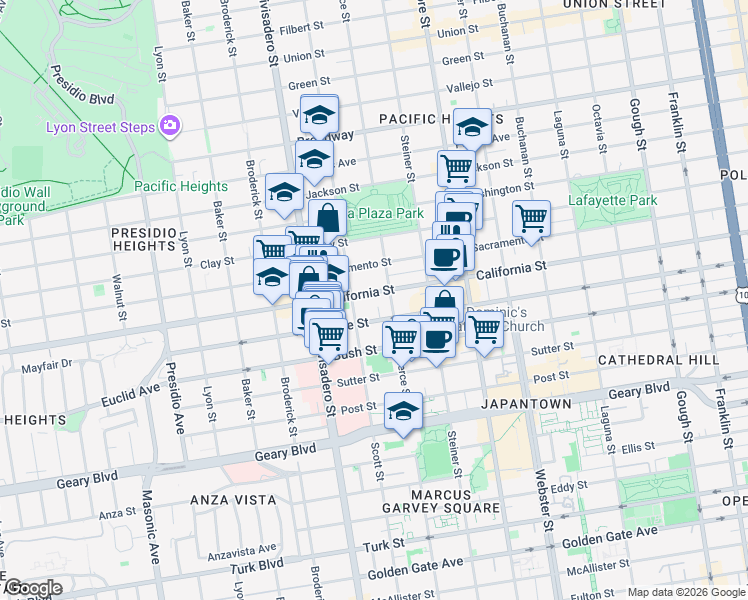map of restaurants, bars, coffee shops, grocery stores, and more near 2615 California Street in San Francisco