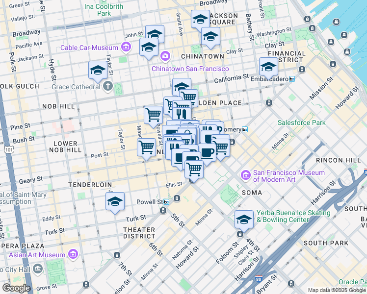 map of restaurants, bars, coffee shops, grocery stores, and more near 240 Stockton Street in San Francisco