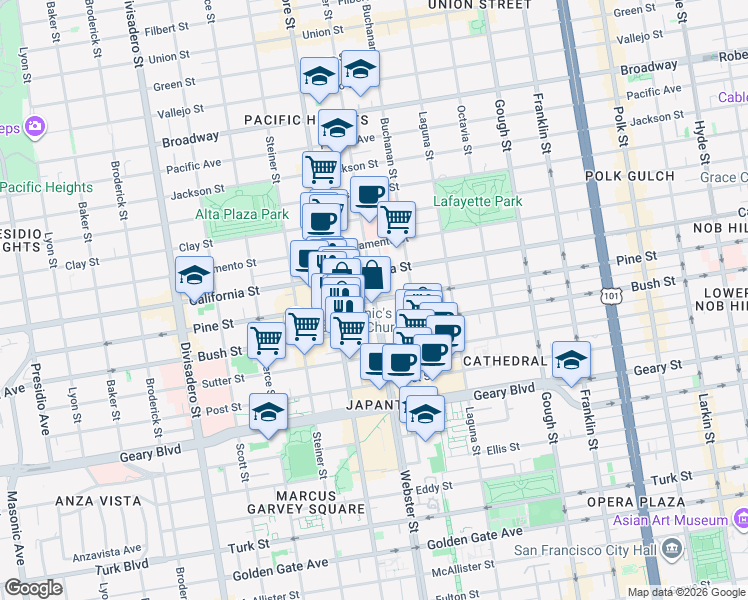 map of restaurants, bars, coffee shops, grocery stores, and more near Webster St & Pine St in San Francisco