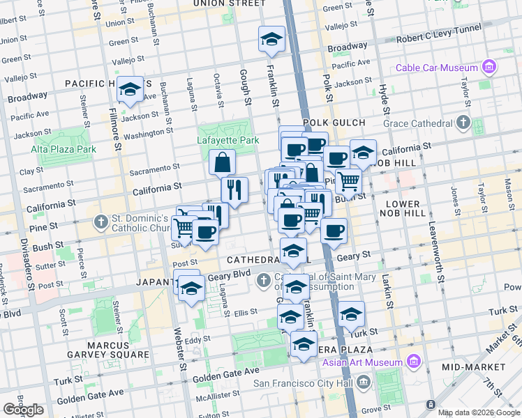 map of restaurants, bars, coffee shops, grocery stores, and more near 1701 Bush Street in San Francisco