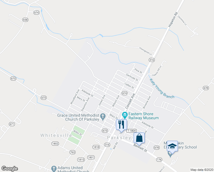 map of restaurants, bars, coffee shops, grocery stores, and more near 18348 Jones Avenue in Parksley