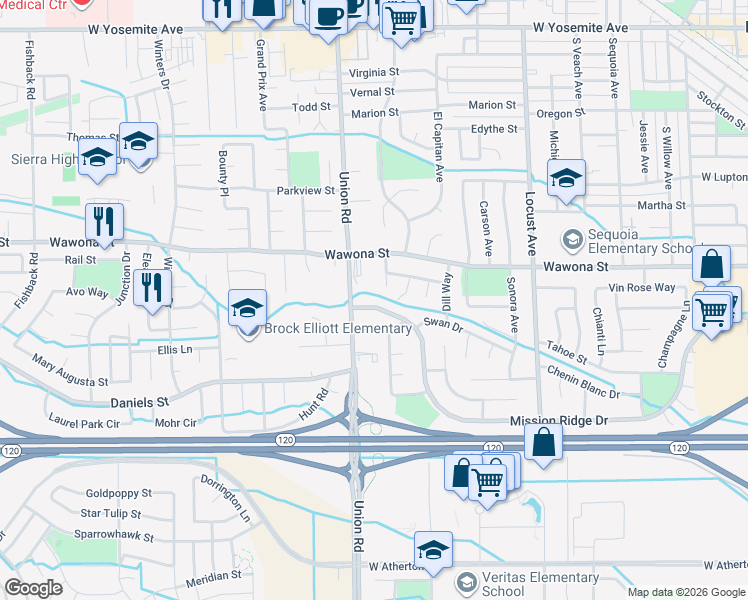 map of restaurants, bars, coffee shops, grocery stores, and more near 1155 Mission Ridge Drive in Manteca