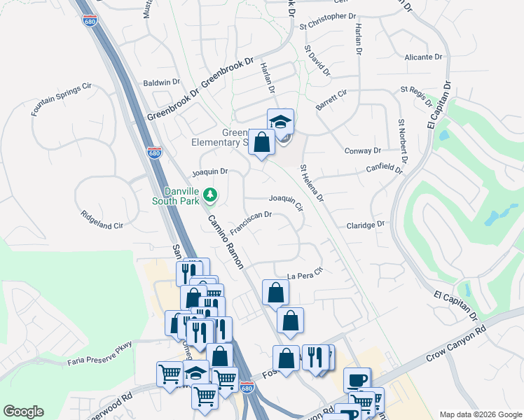 map of restaurants, bars, coffee shops, grocery stores, and more near 163 Franciscan Drive in Danville