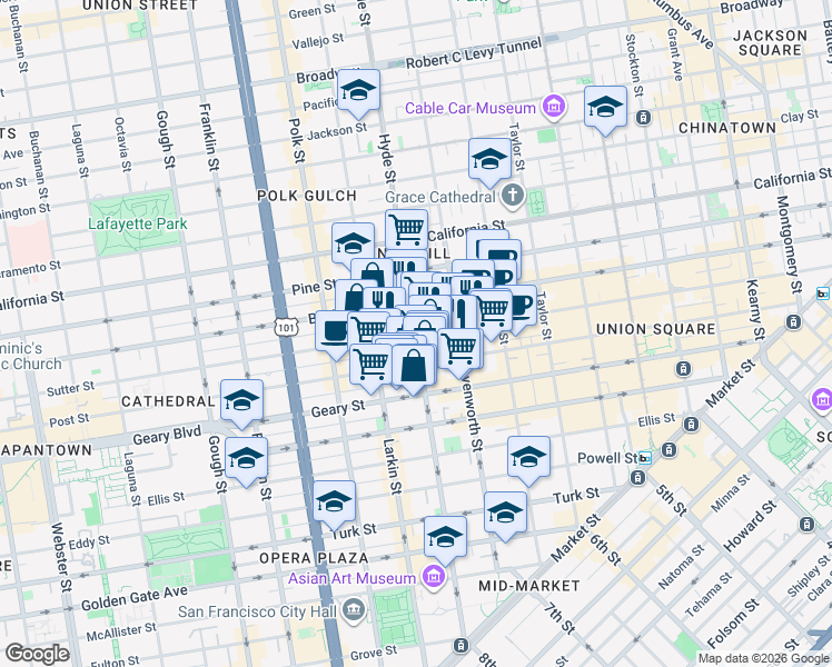 map of restaurants, bars, coffee shops, grocery stores, and more near Hyde St & Sutter St in San Francisco