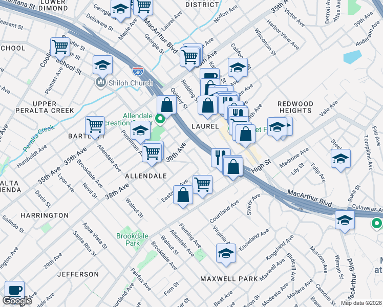 map of restaurants, bars, coffee shops, grocery stores, and more near 4012 Suter Street in Oakland