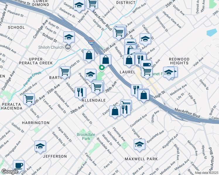 map of restaurants, bars, coffee shops, grocery stores, and more near 6 38th Avenue in Oakland