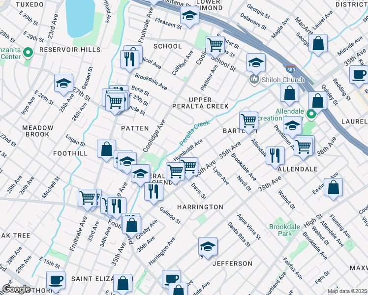 map of restaurants, bars, coffee shops, grocery stores, and more near 2370 Humboldt Avenue in Oakland