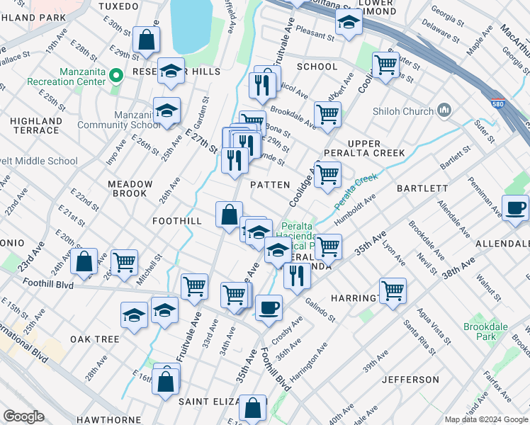 map of restaurants, bars, coffee shops, grocery stores, and more near 3271 Prentiss Street in Oakland