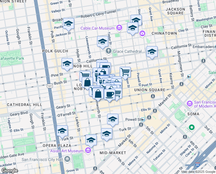 map of restaurants, bars, coffee shops, grocery stores, and more near 700 Jones Street in San Francisco