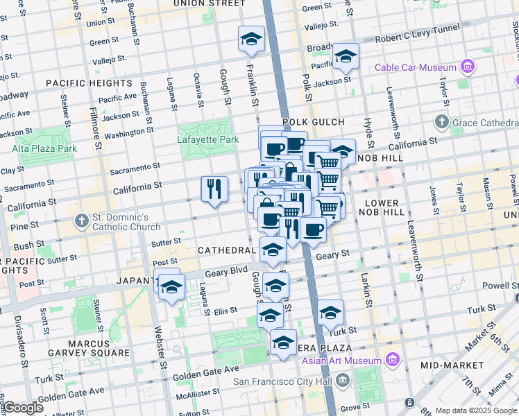 map of restaurants, bars, coffee shops, grocery stores, and more near 1613 Bush Street in San Francisco
