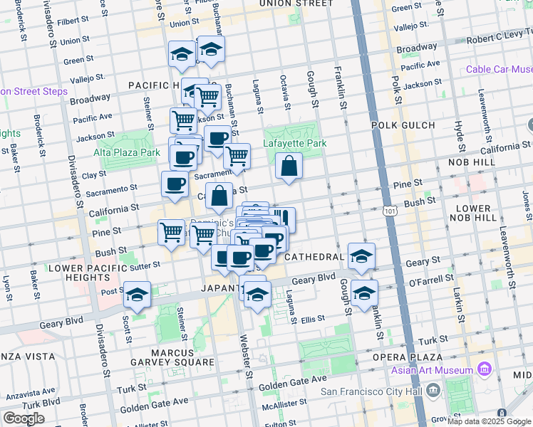 map of restaurants, bars, coffee shops, grocery stores, and more near 1998 Bush Street in San Francisco