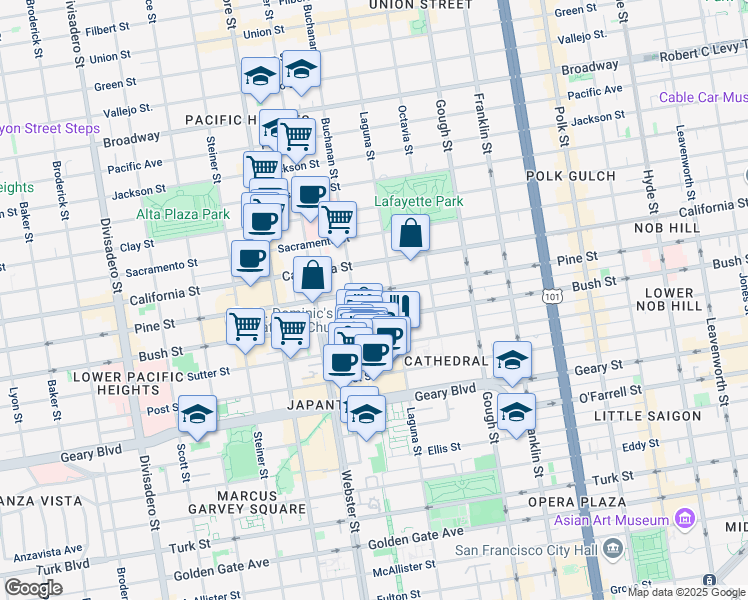 map of restaurants, bars, coffee shops, grocery stores, and more near 1998 Bush Street in San Francisco