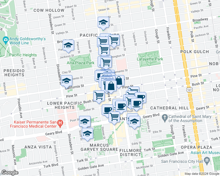 map of restaurants, bars, coffee shops, grocery stores, and more near 2263 Pine Street in San Francisco