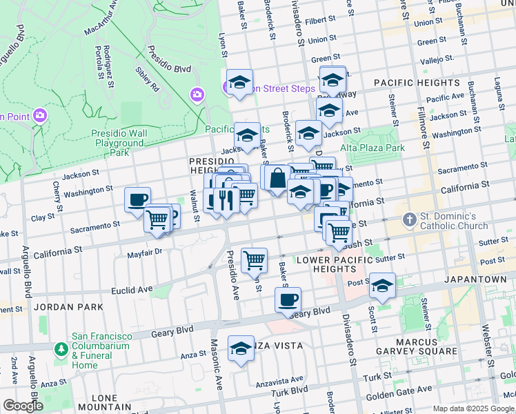 map of restaurants, bars, coffee shops, grocery stores, and more near 1814 Lyon Street in San Francisco