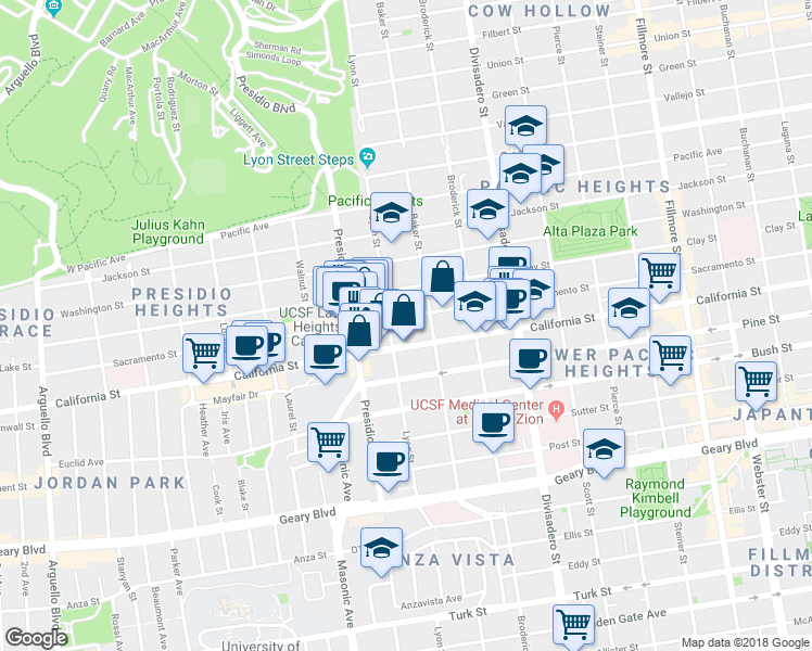 map of restaurants, bars, coffee shops, grocery stores, and more near 1814 Lyon Street in San Francisco