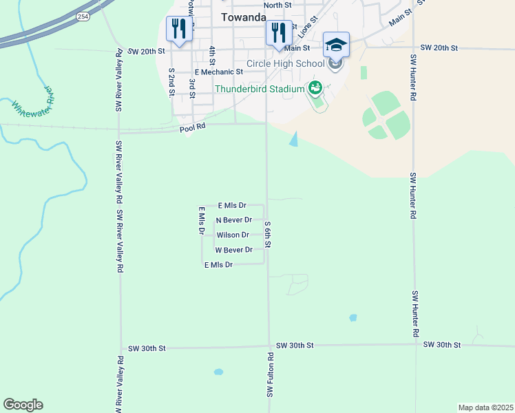 map of restaurants, bars, coffee shops, grocery stores, and more near 606 North Mills Drive in Towanda
