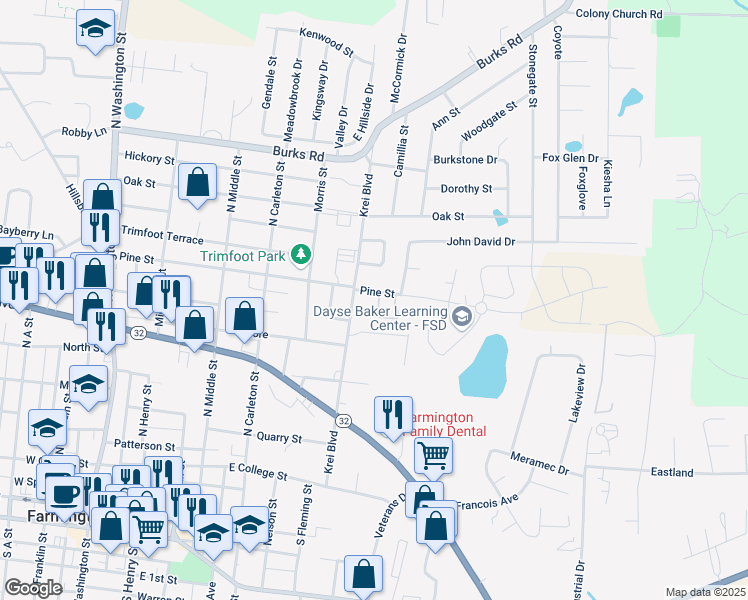 map of restaurants, bars, coffee shops, grocery stores, and more near 520 Pine Street in Farmington