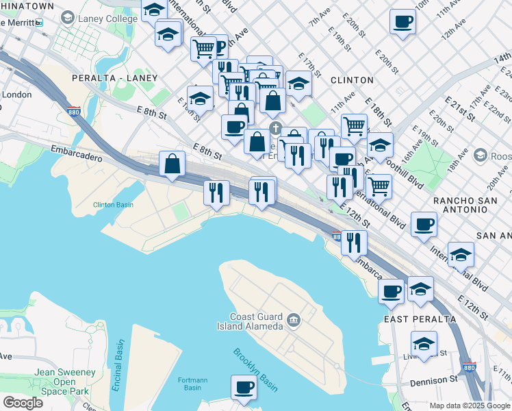 map of restaurants, bars, coffee shops, grocery stores, and more near 1195 Embarcadero in Oakland