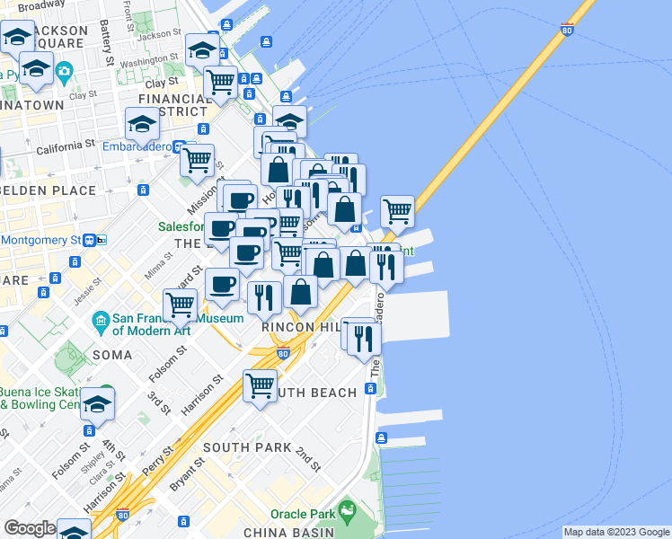 map of restaurants, bars, coffee shops, grocery stores, and more near 401 Main Street in San Francisco