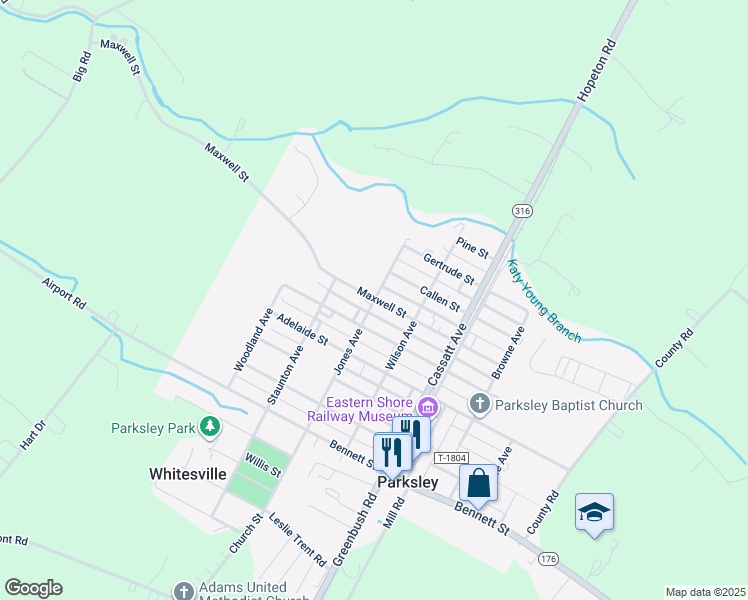 map of restaurants, bars, coffee shops, grocery stores, and more near 18304 Jones Avenue in Parksley