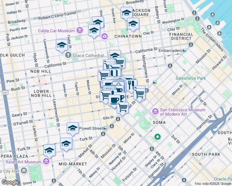 map of restaurants, bars, coffee shops, grocery stores, and more near 39 Grant Avenue in San Francisco