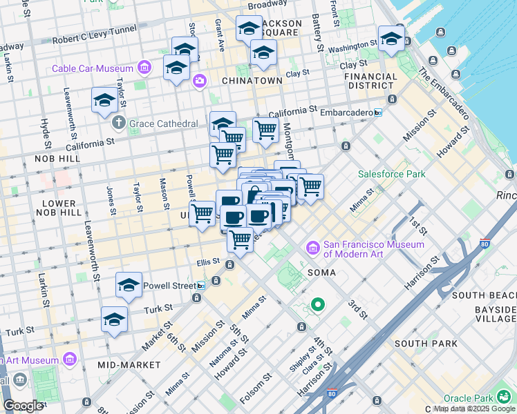 map of restaurants, bars, coffee shops, grocery stores, and more near 55 Maiden Lane in San Francisco
