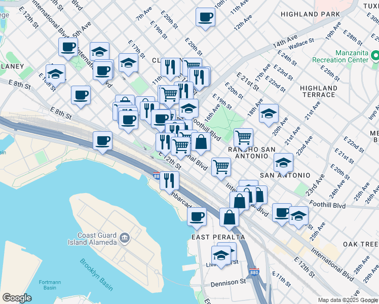 map of restaurants, bars, coffee shops, grocery stores, and more near 1613 International Boulevard in Oakland
