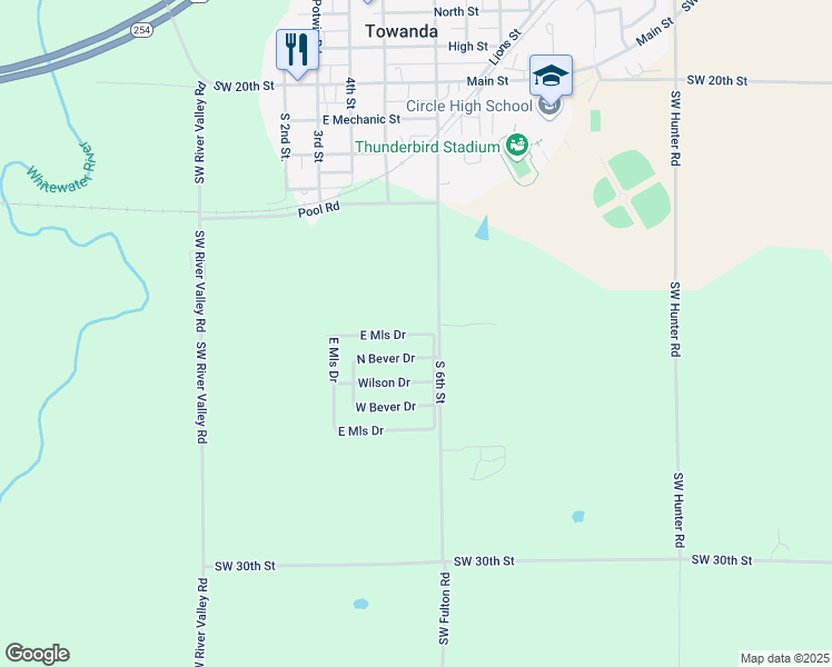 map of restaurants, bars, coffee shops, grocery stores, and more near 606 North Mills Drive in Towanda
