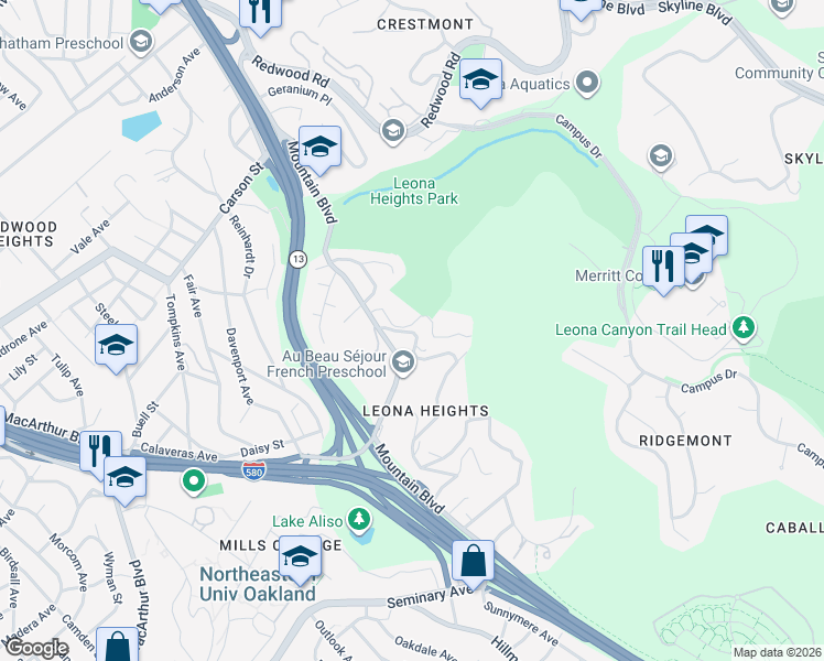 map of restaurants, bars, coffee shops, grocery stores, and more near 5018 Leona Street in Oakland
