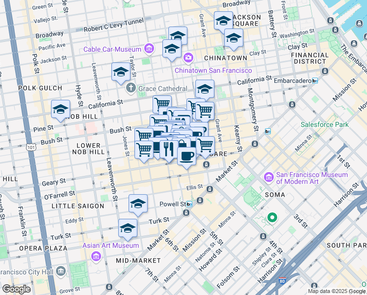 map of restaurants, bars, coffee shops, grocery stores, and more near 400 Post Street in San Francisco