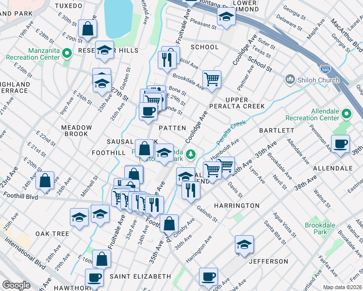 map of restaurants, bars, coffee shops, grocery stores, and more near 3271 Prentiss Street in Oakland