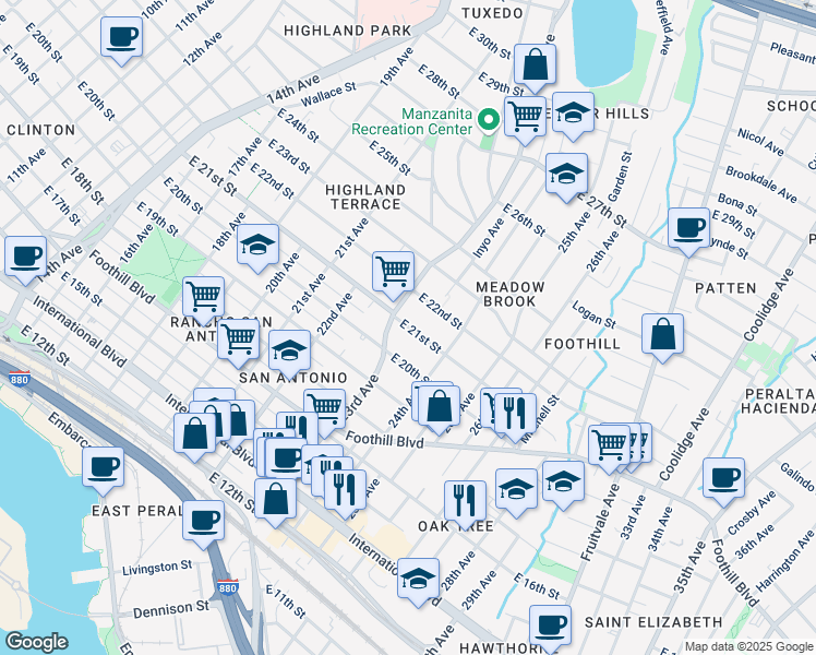 map of restaurants, bars, coffee shops, grocery stores, and more near 2356 East 21st Street in Oakland