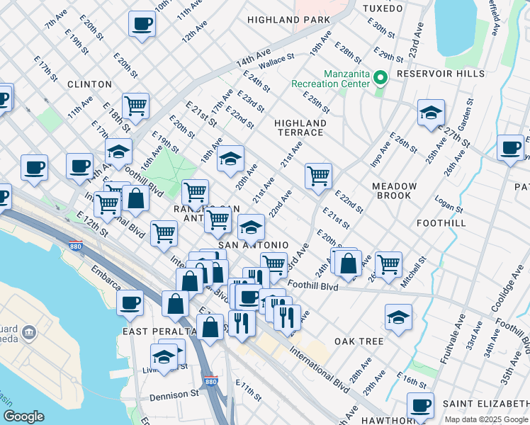 map of restaurants, bars, coffee shops, grocery stores, and more near 2149 East 19th Street in Oakland