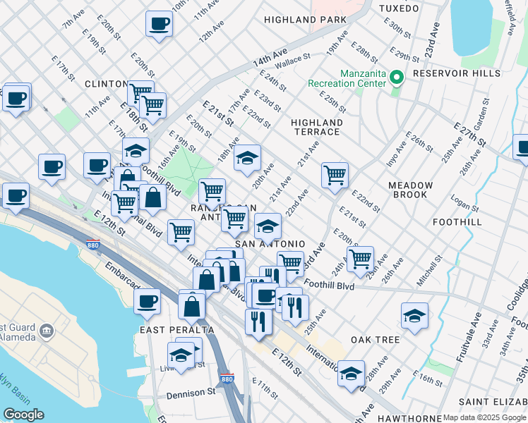 map of restaurants, bars, coffee shops, grocery stores, and more near 1717 21st Avenue in Oakland