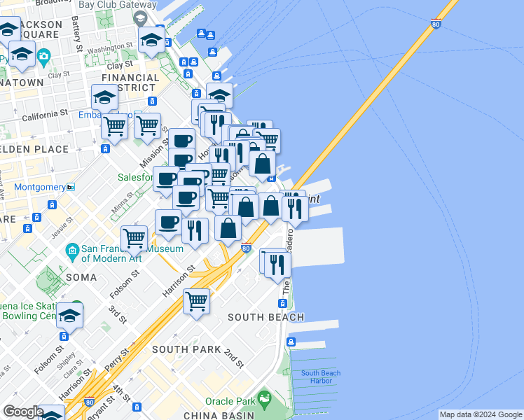 map of restaurants, bars, coffee shops, grocery stores, and more near 401 Main Street in San Francisco