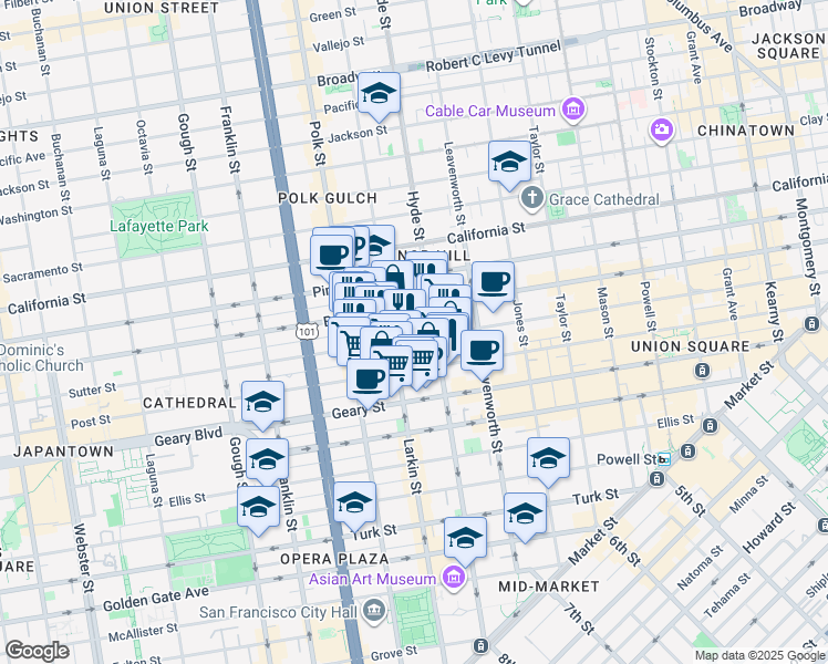 map of restaurants, bars, coffee shops, grocery stores, and more near 1078 Sutter Street in San Francisco