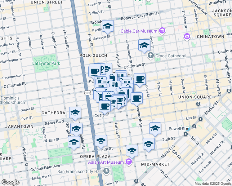 map of restaurants, bars, coffee shops, grocery stores, and more near 1078 Sutter Street in San Francisco