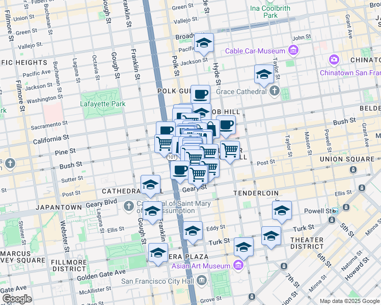 map of restaurants, bars, coffee shops, grocery stores, and more near 1234 Polk Street in San Francisco