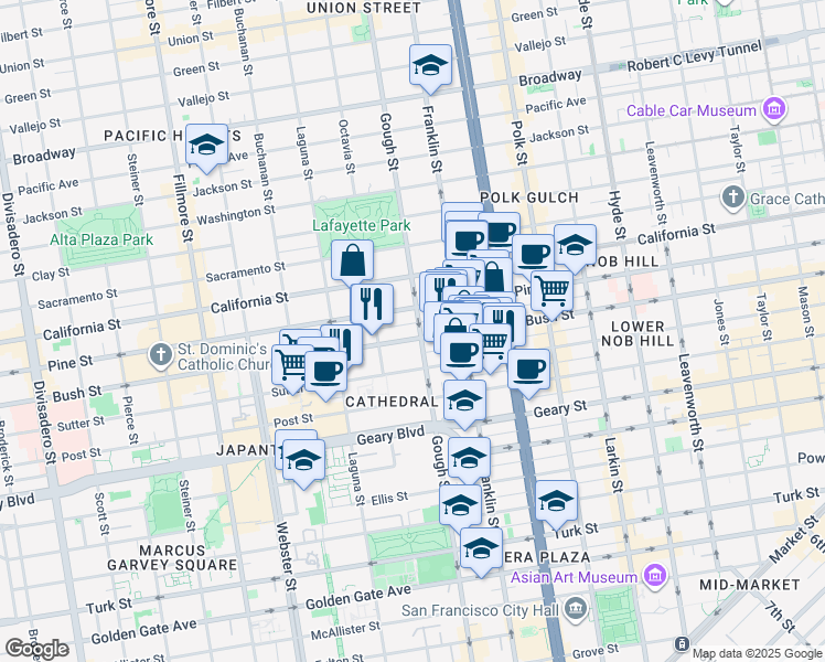 map of restaurants, bars, coffee shops, grocery stores, and more near 1701 Bush Street in San Francisco