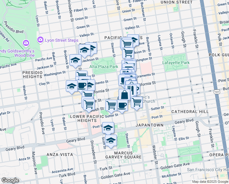 map of restaurants, bars, coffee shops, grocery stores, and more near 2015 V in San Francisco