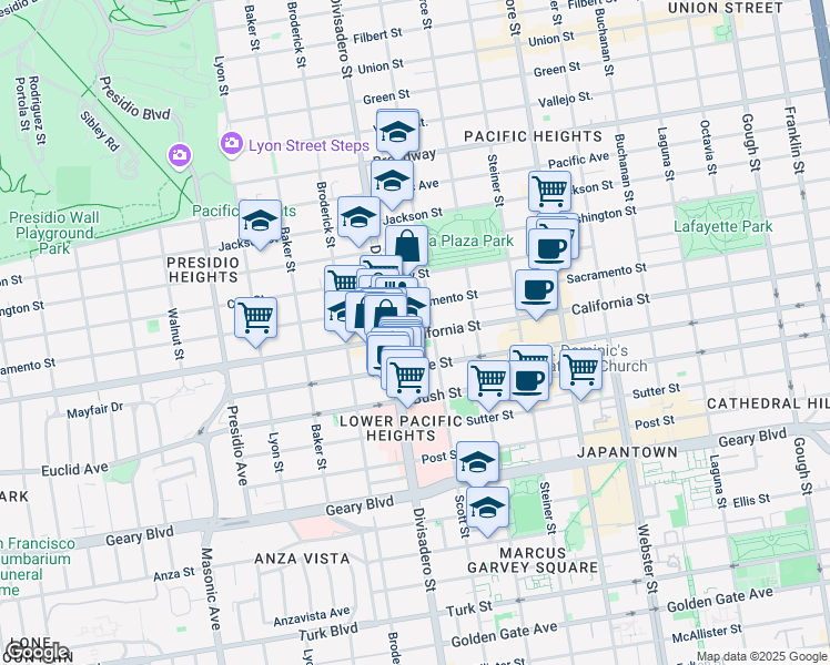map of restaurants, bars, coffee shops, grocery stores, and more near 1980 Scott Street in San Francisco