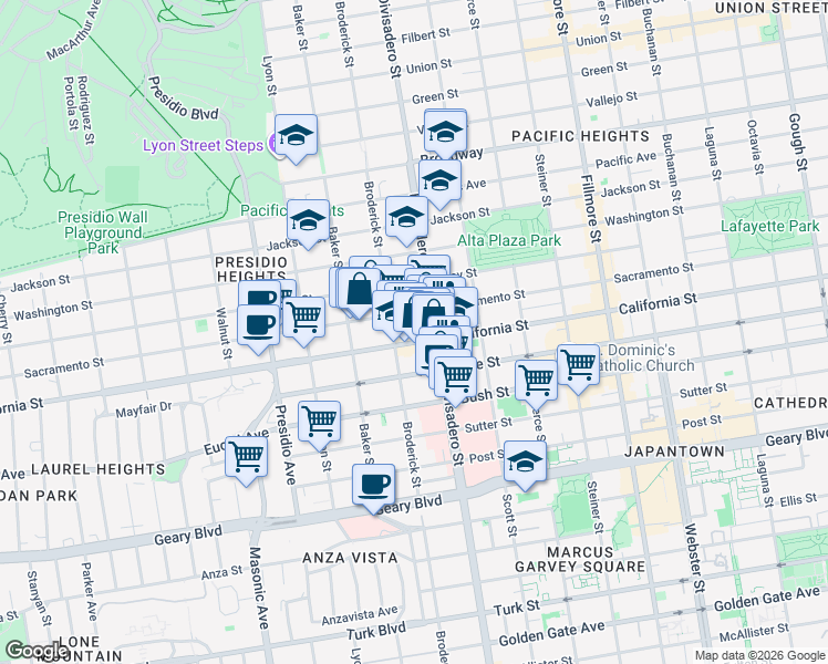map of restaurants, bars, coffee shops, grocery stores, and more near 2890 California Street in San Francisco