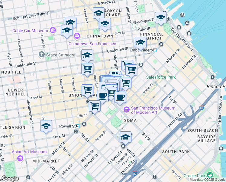 map of restaurants, bars, coffee shops, grocery stores, and more near 660 Market Street in San Francisco