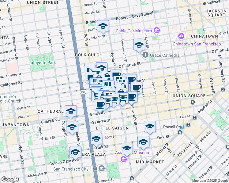 map of restaurants, bars, coffee shops, grocery stores, and more near 1078 Sutter Street in San Francisco