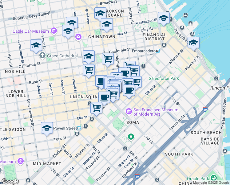 map of restaurants, bars, coffee shops, grocery stores, and more near 660 Market Street in San Francisco