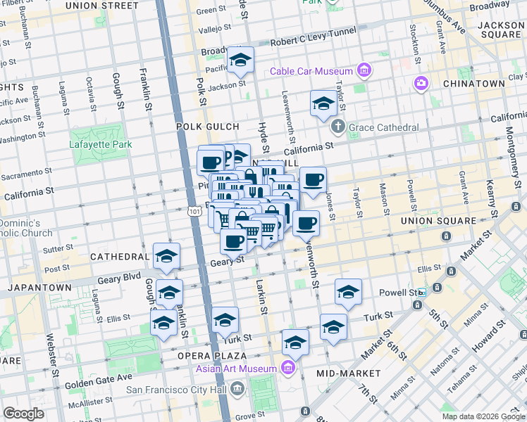 map of restaurants, bars, coffee shops, grocery stores, and more near 1078 Sutter Street in San Francisco