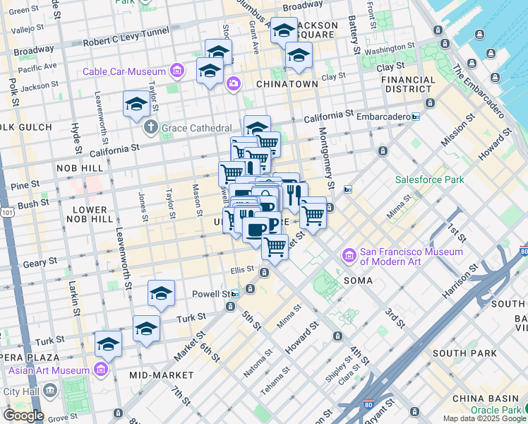 map of restaurants, bars, coffee shops, grocery stores, and more near in San Francisco