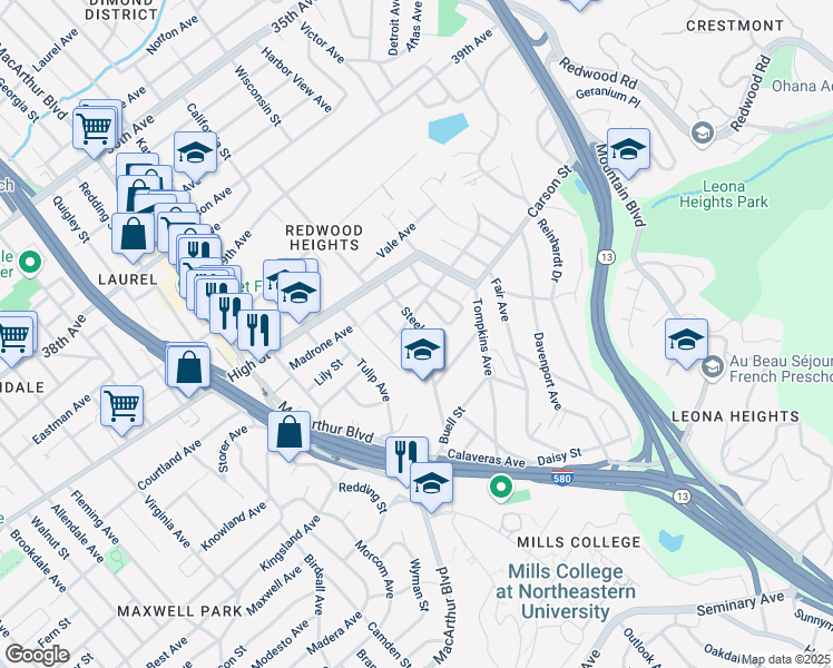 map of restaurants, bars, coffee shops, grocery stores, and more near 4421 Steele Street in Oakland