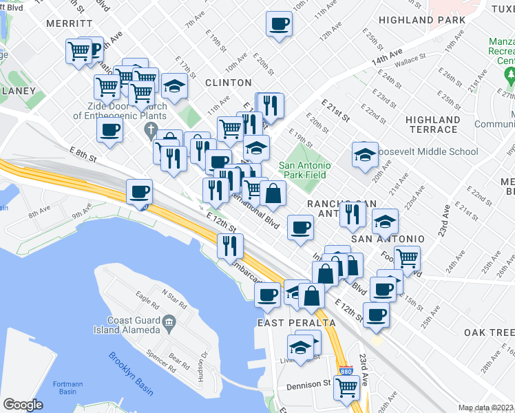 map of restaurants, bars, coffee shops, grocery stores, and more near 1612 International Boulevard in Oakland