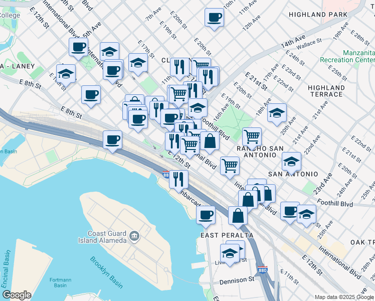 map of restaurants, bars, coffee shops, grocery stores, and more near 1539 International Boulevard in Oakland